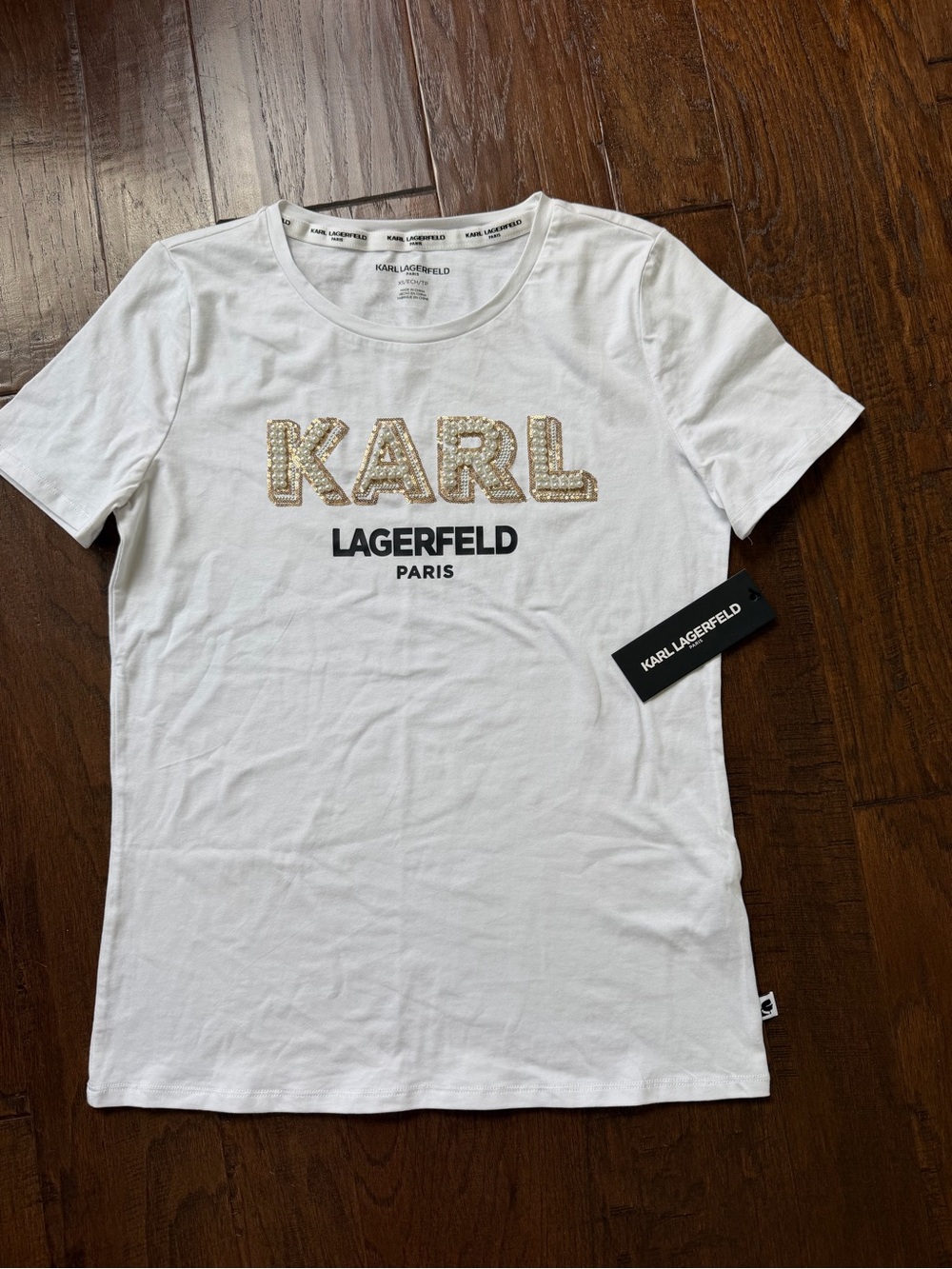 Karl Lagerfeld White Short Sleeve Tee with Gold Embellished 'KARL'